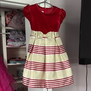 Red and Gold Striped Dress with Bow
